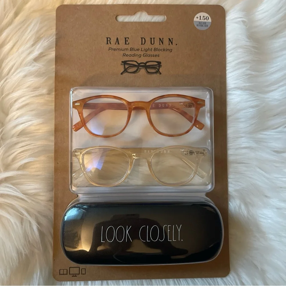 RAE DUNN (2) Premium Blue Light Blocking Reading Glasses +1.50 + Case